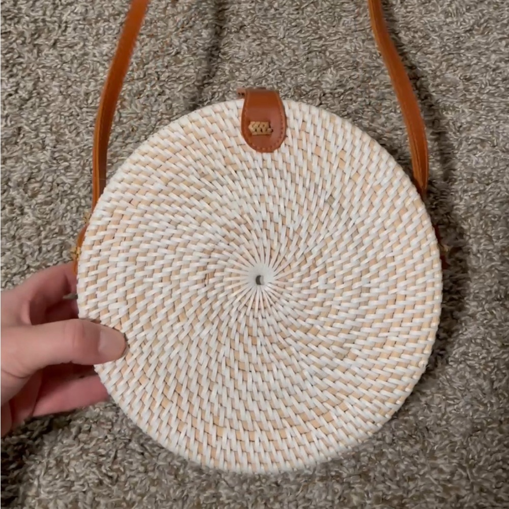 Round Woven Straw Crossbody Bag with Tan Strap